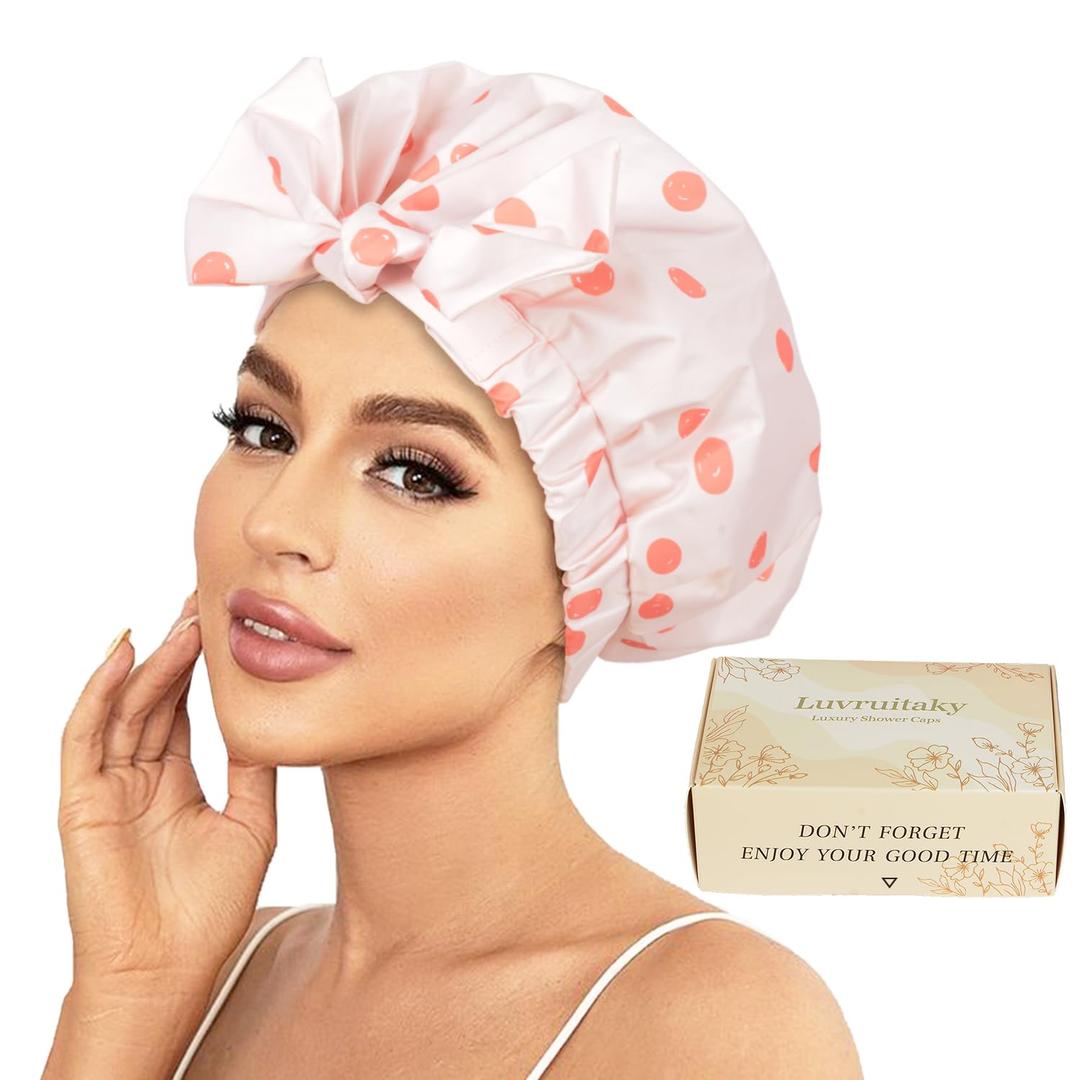 Shower Cap Luxury Shower Caps for Women Reusable Waterproof Hair Cap for Shower with Adjustable Bowknot Hair Bath Cap (Pink)