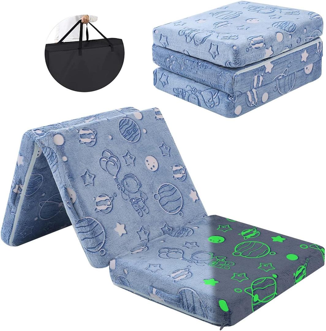 MeMoreCool Glow Space-Themed Foldable Floor Mattress for Kids, Trifold Nap Mat with Planets and Stars, Portable Daycare Sleeping Futon or Floor Bed, 57x22 Inch (Blue Astronaut)
