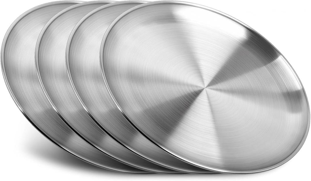 Stainless Steel Plates,4 PCS 10 inch Round Metal Food Serving Plates, Dinner Plates for Outdoor Camping Hiking, Party Serving, Feeding,Non Toxic & Reusable, Dishwasher Safe