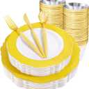 WDF 150pieces Yellow Disposable Dinnerware Hign-end Baroque Design - Sturdy&Durable Baroque Yellow Sunshine&Gold Plastic Dinnerware for Upscale Wedding/Birthday/Party (large and small)