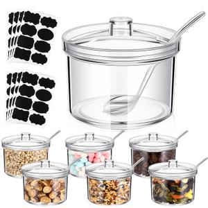 Tioncy 6 Pcs Ice Cream Bar Supplies Sugar Bowls with Lid and Spoon Acrylic Candy Dispenser Party Bar Sundae Caramel Apple Dipping Container with Tag (13.5 oz,Clear)