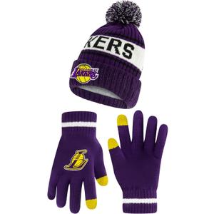 Ultra Game NBA Boys Girls Super Soft Winter Beanie Knit Hat With Extra Warm Touch Screen Gloves, Los Angeles Lakers