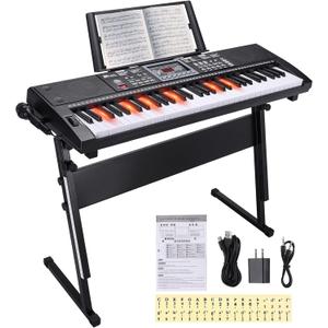 Kids Keyboard 61 Keys, Beginner Electronic Piano with One-Key Teaching 100 Tones & Rhythms, Portable Music Keyboard for Children with Microphone, Music Stand [Black with Stand, Compact]