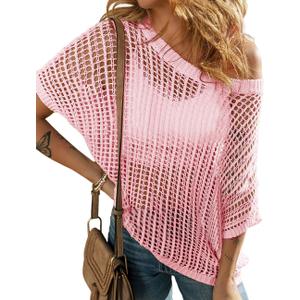 Ecosunny Womens Summer Crochet Tops Scoop Neck Short Sleeve Pullover Sweater Hollow Out Knit Tops Shirts Beach Cover Ups (Pink, L)