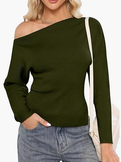 OUKODS Womens Off Shoulder Sweaters 2025 Fall Long Batwing Sleeve Loose Fit Knit Tops Casual Pullovers Jumpers (Medium, White)