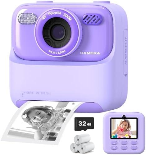 Kids Instant Digital Cameras for Boys and Girls, 1080P HD Dual-Lens Selfie Digital Camera with Print Paper & 32G Card, Christmas Birthday Gifts Toys for Toddler and Teenagers Age 3-16 Years Old