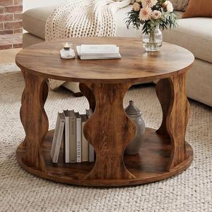 HSH Round Coffee Table with Storage, Wood Coffee Table, Rustic Brown
Farmhouse Small Wooden Tables with Open Storage Shelf, 2 Tier Circle Tables for Living Room, Home Office