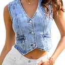 ELLEVEN Cropped Denim Vest Women Sleeveless Western Jean Vest Top for Women V-Neck Button Denim Top Vintage Sexy Y2K Waistcoat Gilet Blue Denim Small