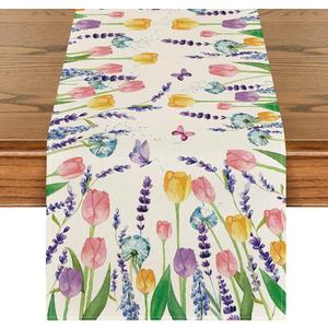 Artoid Mode Tulip Lavender Spring Table Runner, Seasonal Summer Kitchen Dining Table Decoration for Home Party Decor 13x108 Inch (13" x 108", Table Runner)
