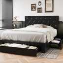 VECELO Queen Size Bed Frame with 3 Storage Drawers, Leather Upholstered with Diamond Tufted Headboard, Solid Wood Slat Support & Steel Framework, PU & Black