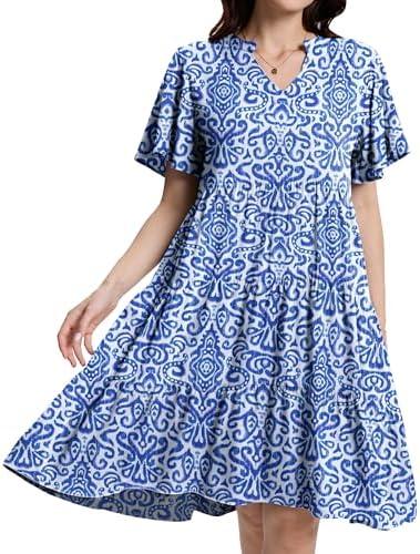 HeJoy Womens Casual Tiered Swing Midi Dress Ruffle Sleeve V Neck A Line Petite Summer Dresses with Pockets, M