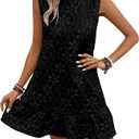 Women's Ruffle Hem Jacquard Dress Casual Sleeveless Tank Floral Mini Dress Smock Wedding Guest Dresses (Black, Small)