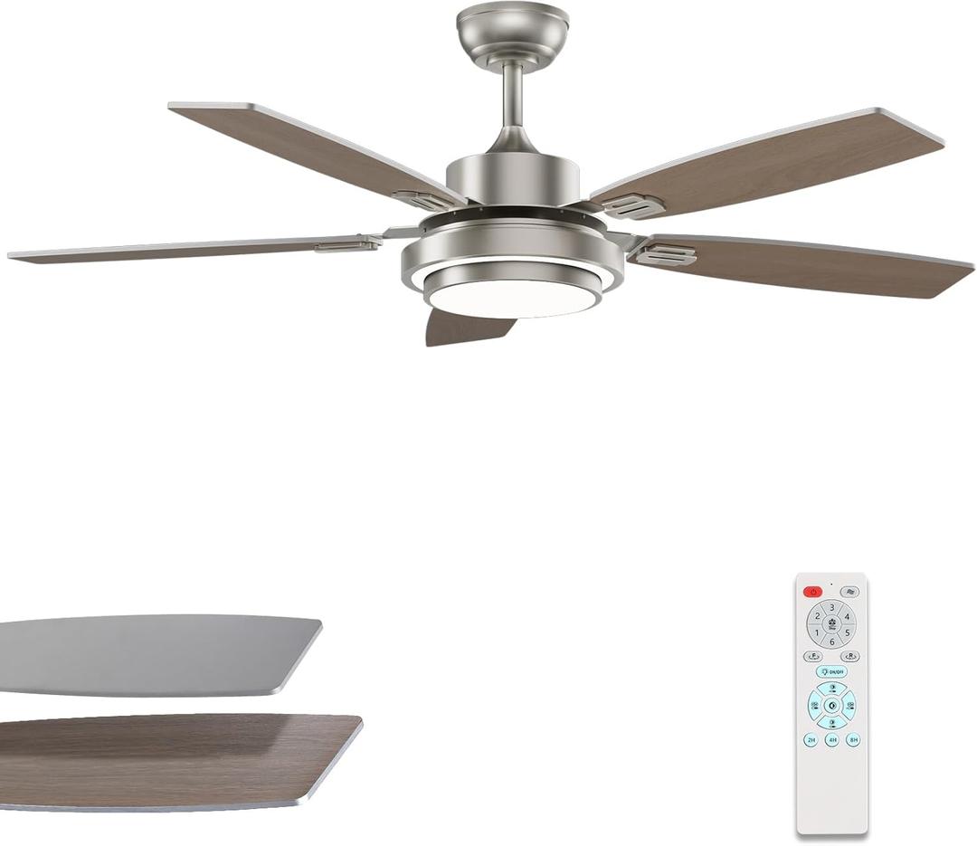 52 Inch Nickel Ceiling Fans with Lights and Remote Control for Bedroom, Modern Ceiling Fan with Quiet Reversible DC Motor, 3CCT, Dimmable, LED for Living Room, Patio, Indoor and Outdoor