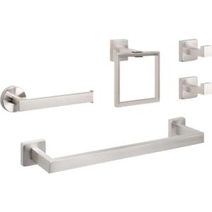 NearMoon 5 Pieces Bathroom Hardware Set 304 Stainless Steel - Square Towel Rack Set Include 16" Towel Rod + Towel Ring + Toilet Paper Holder + 2 Robe Towel Hooks Bathroom Accessories (Brushed Nickel)