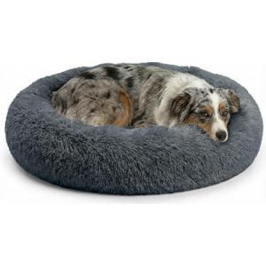 Active Pets Premium Medium Donut Dog Bed, Fits Up to 45 lbs, Removable Cover & Washable Cushion, Plush Long Pile Faux Fur Fabric, Portable Beige Pet Bed Furniture for Puppies Adult Canines & Cats (Dark Grey)