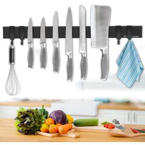 Magnetic Knife Holder for Wall 20 Inch, No Drilling black knife magnetic strip with 4 Hooks, Strong Magnet Knife Holder strip, Magnetic Knife Rack Bar for Kitchen Knives and Tools