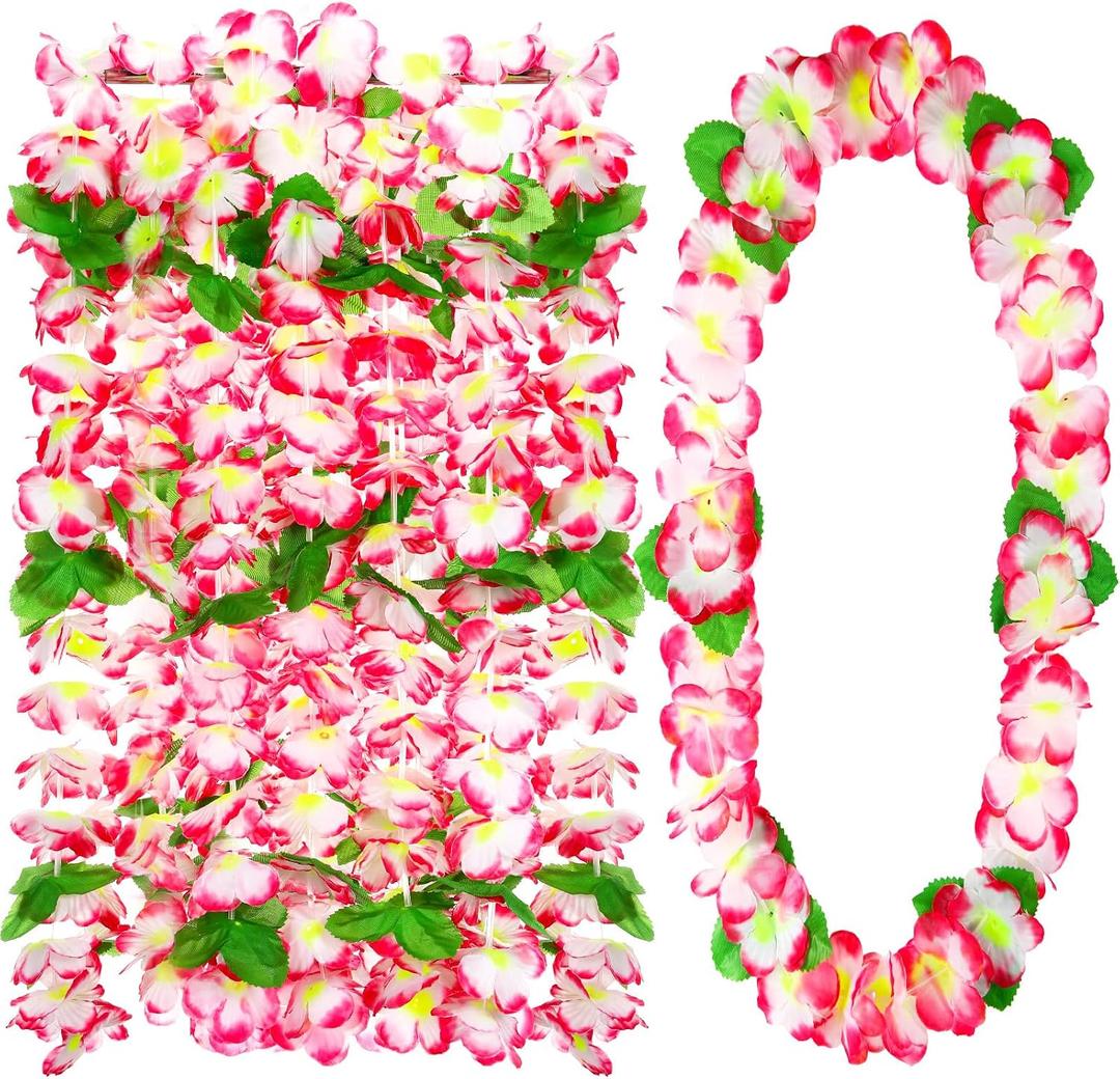 Hoteam 24 Counts Pink White Hawaiian Leis Necklace Tropical Flower Lei Floral Luau Party Decorations Hawaiian Flower Luau Necklaces Hula Dance Garland Headbands for Beach Birthday Wedding Party Favor