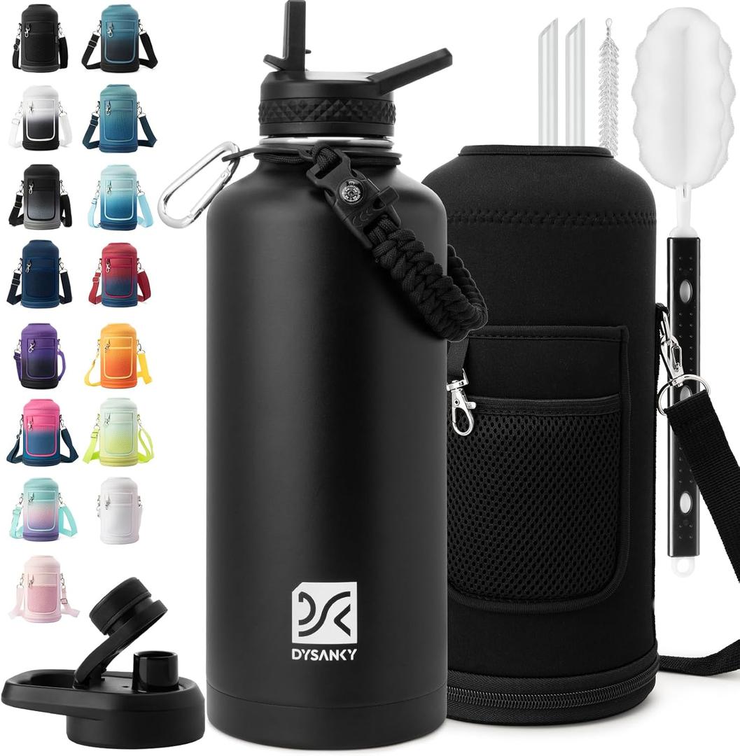 Insulated Water Bottle | Thickened Stainless Steel for Gym and Hiking with Straw, Carrier Bag, Handle Strap | BPA-Free 87 oz (Advanced Black)