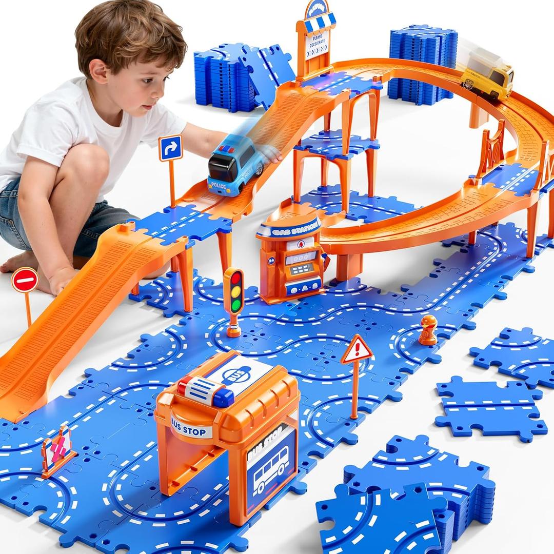 Puzzle Race Car Track Set for Kids 3-5, Floor Puzzle Track Car Set, Toddler Toys for 3 4 5 6 Years Old Boys, Toys Gift for Kids Boys Girls Age 3 4 5 6 7 8 Years Old