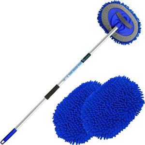 62" Car Wash Brush Mop Kit with Long Handle, 2 in 1 Chenille Microfiber Sponge Mitt Cleaning Detailing Duster for Washing Cars Truck SUV RV Caravans and Household(2 x Mop Head) (Blue)
