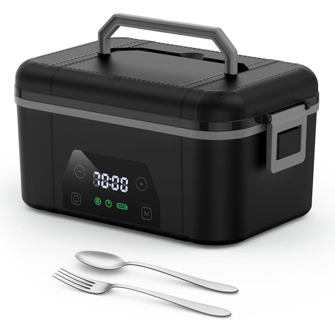 Cordless Heated Lunch Box, Smart Timer Automatic Heating Food Warmer for Adults, 5.5-Cup Portable Electric Lunch Container with Handheld Insulated Bag Dark Black