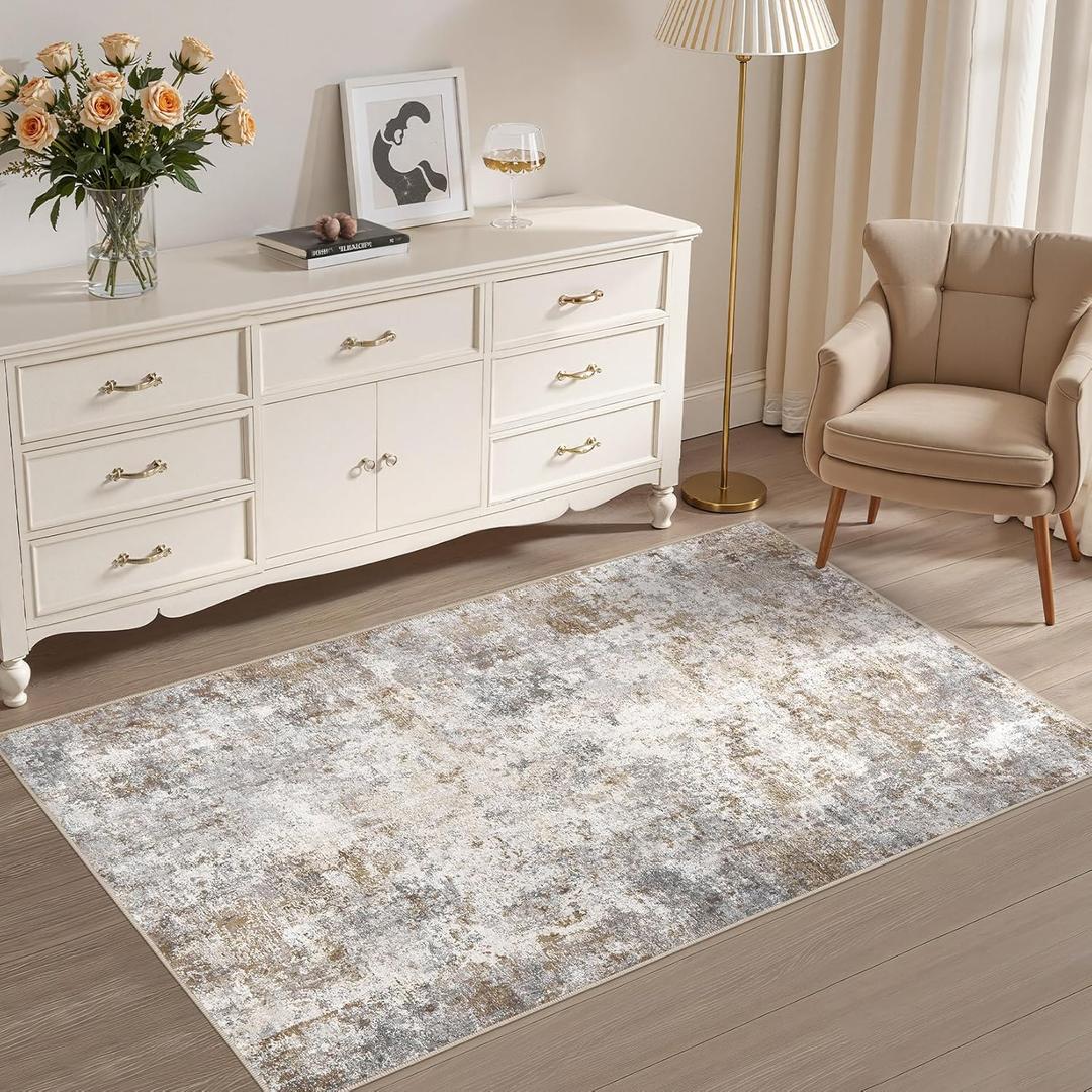 UERMEI 3x5 Area Rug Living Room Rugs - Washable Neutral Modern Abstract Soft Thin Rug Indoor Floor No Slip Rug Carpet for Bedroom Under Dining Table Home Office Decor - Brown Grey