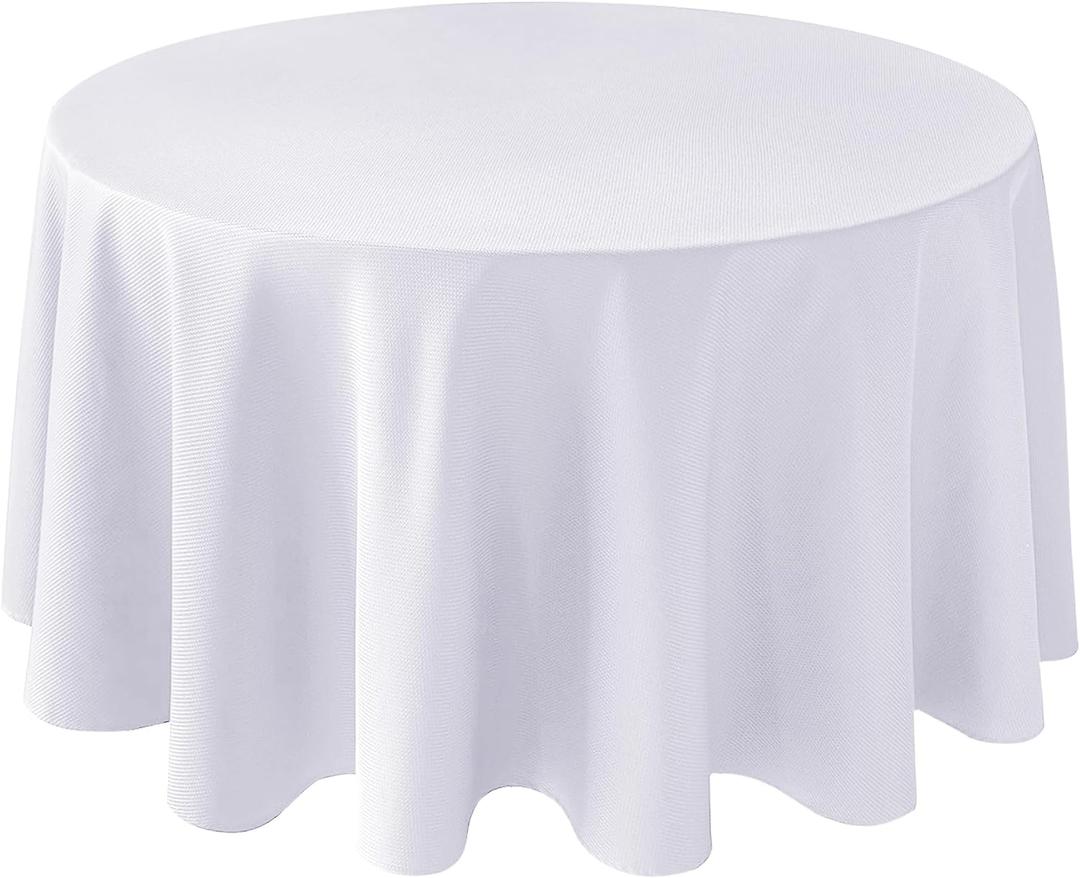 Biscaynebay Textured Fabric Round Tablecloths 108", White Water Resistant Table Cloth Circle Folding Table Covers Linen for Dining, Kitchen, Wedding and Parties etc. Machine Washable, 108" (Round), White