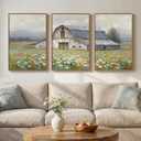 Framed Farmhouse Landscape Wall Art for Living Room, Set of 3 Colorful Floral Barn Large Canvas Prints, Rustic Country Wall Decor for Bedroom Dining Room Hallway 20x30 Inch