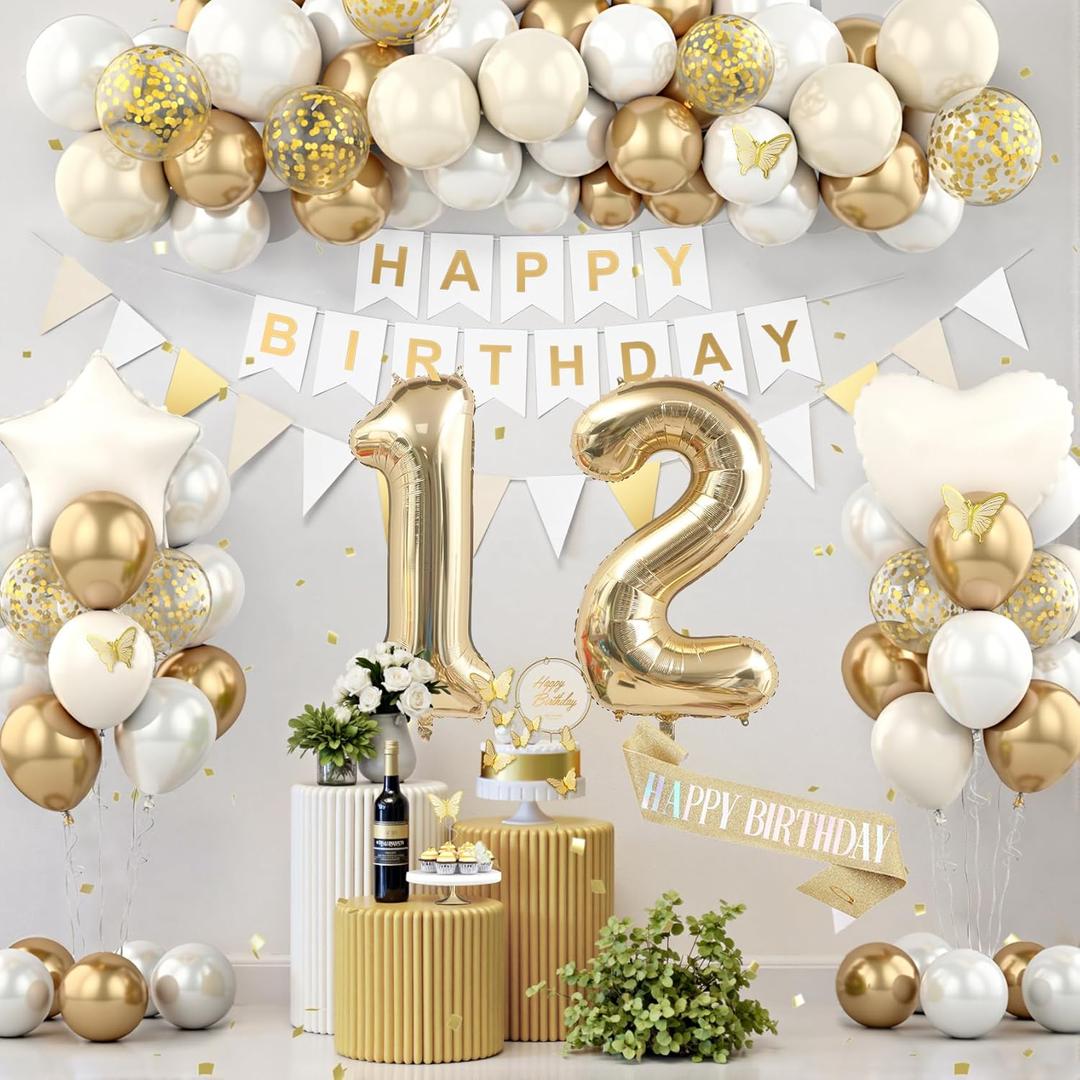 12th Birthday Decorations, White Gold Birthday Party Decorations for Girls Boys, Boho Beige Cream Balloons Party Supplies with Banner, Shiny Sash, Butterfly Cake Topper, 12 Number Foil Balloons