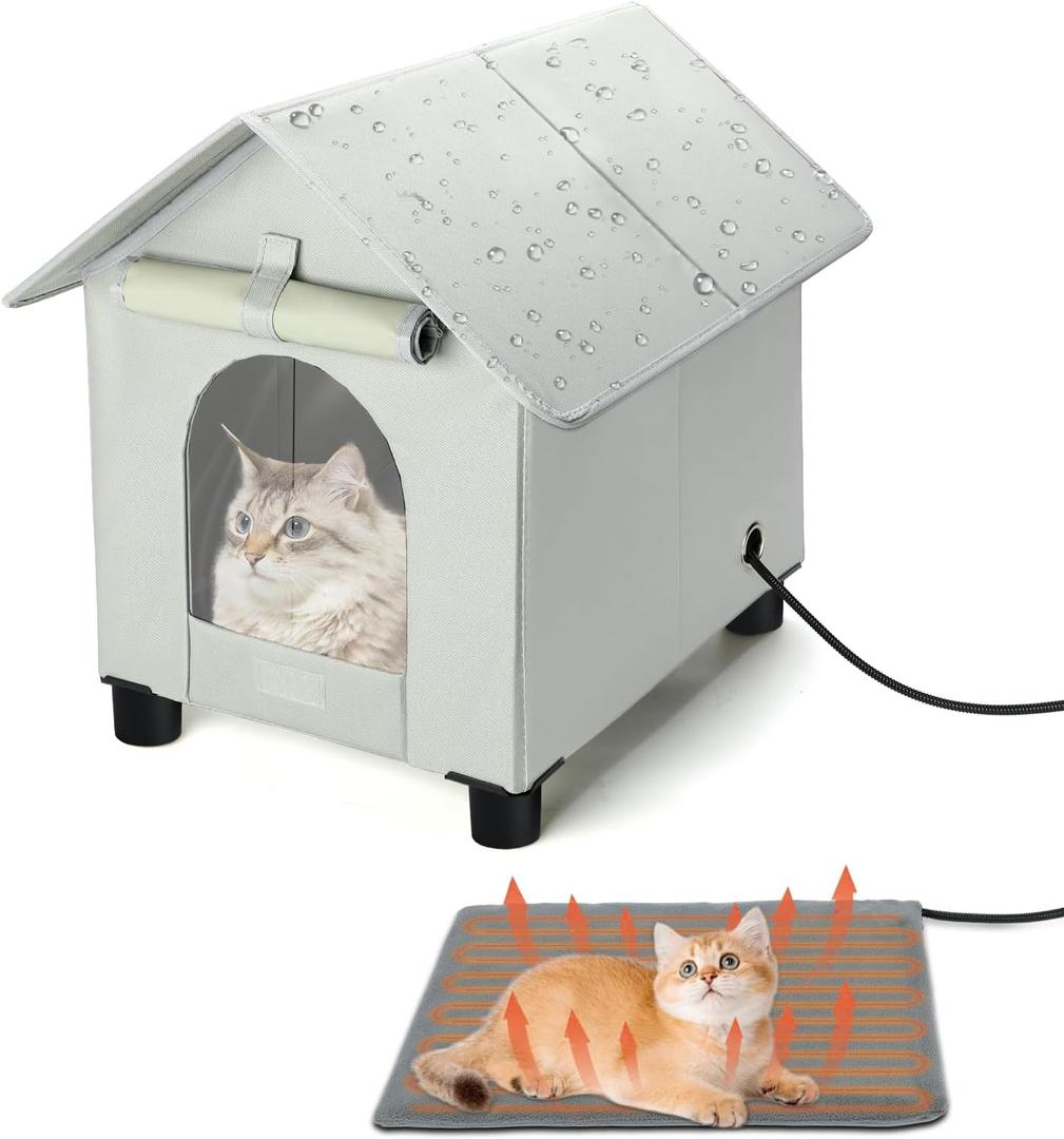 Heated Cat Houses in Winter Waterproof, Elevated Heated Outdoor Cat House Insulated Outside Feral Cat House Shelter with Escape Door for Cats or Small Dogs (Grey, Small (13.4"x16.9"x18.5"))
