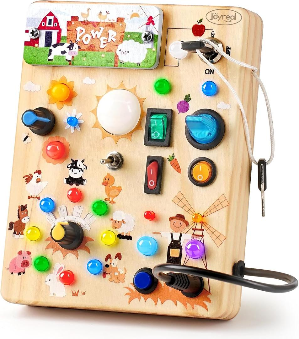 Joyreal Wooden Busy Board with LED Light, Montessori Toddler Toys, Wooden Sensory Board, Toddlers Activity Travel Toys for Boy & Girl Birthday Gift (Farm Theme), 7.01x6.1x2.17 inches