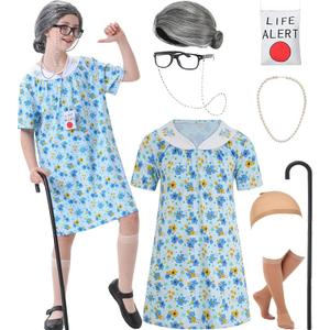 qnprt 100 Days of School Costume 100th Old Lady Costume for Kids Girls Grandma Dress Up Size 8
