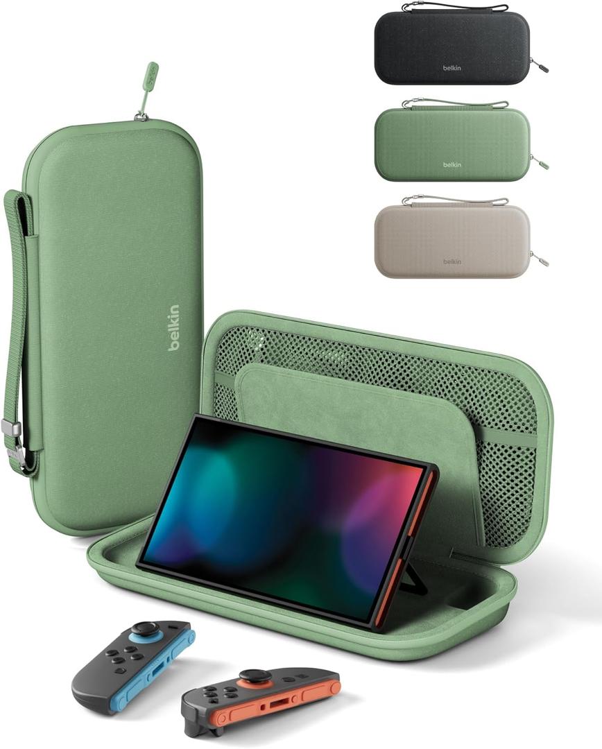 Belkin Nintendo Switch 2 Case, Travel Bag w/AirTag Holder & Storage Pocket for Up to 12 Game Cards - Portable, Lightweight Carrying Case w/Hard Shell, Soft Interior, Switch 2 Accessories - Sage