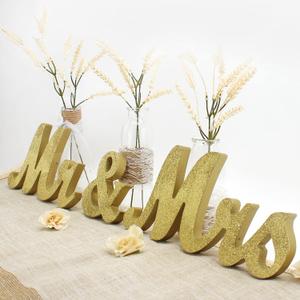 Wooden Mr & Mrs Sign, Rustic Mr. & Mrs. Letters Wedding Signs for Wedding Table, Miss Mr. Decoration for Photo Props/Party Table/Anniversary/Valentine's Day/Wedding & Engagement, Golden