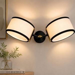 20" 2-Light Matte Black Hardwired Wall Sconce with Linen Drum Fabric Shade