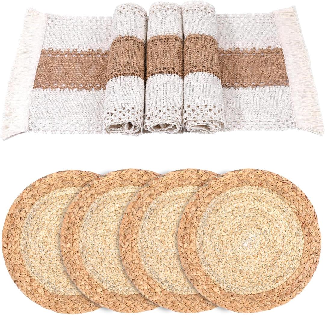 Handmade Boho Placemats Set of 4 - Farmhouse Style Placemats, Natural Cotton Burlap and Water Straw Woven Combination Table Mats, Handmade Round Woven Table Mats for Dining Tables, Kitchen
