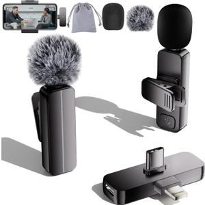2 Pack Wireless Mini Lavalier Lapel Microphone for iPhone,Android Phone(2 in 1) - 65ft Cordless Clip on Dual Mics with Noise Reduction 6H Working Time for Video Recording Vlogging, YouTube,(Black)