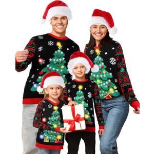 Cozypower Family Christmas Ugly Sweater, Light Up Ugly Sweater with Christmas Hat Xmas Pullover(Christmas Tree, Men, XL)