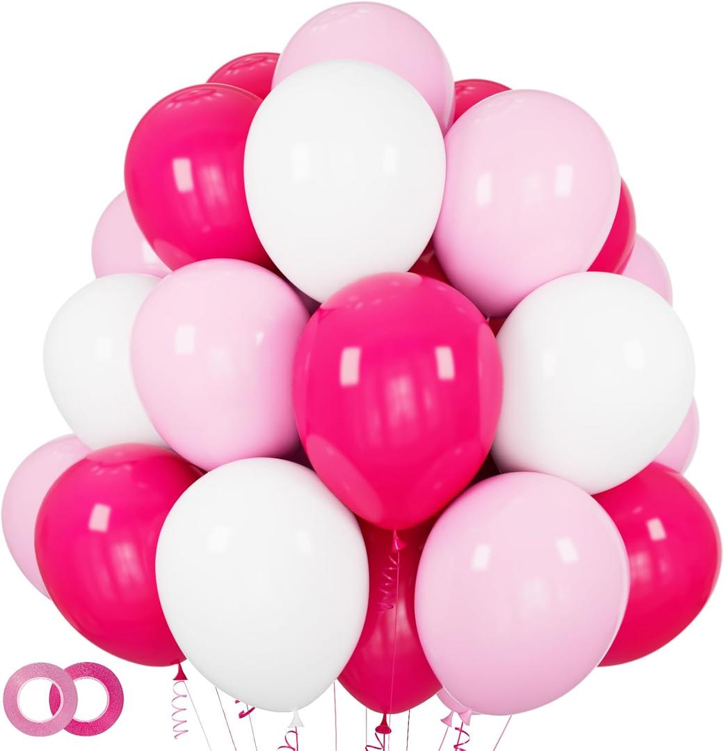 Pink White Balloons 100pcs 12 inch Hot Pink Pastel Pink White Balloons with 2 Ribbon for Mother's Day Valentine's Day Girl's Woman's Birthday Bridal Shower Wedding Party Decorations