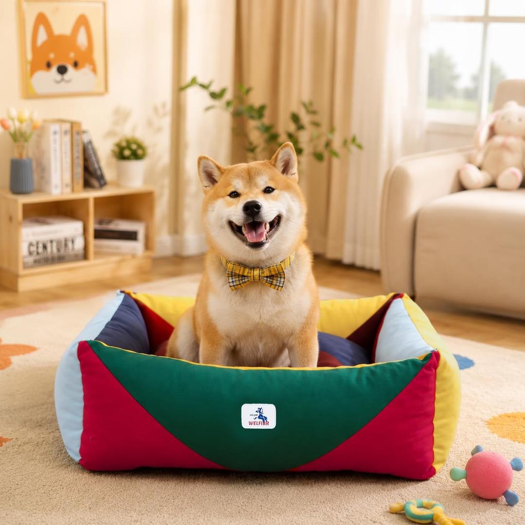 Cotton Canvas Dog Bed, Cute Dog Bed Medium Size Dog, Puppy Bed with Washable Removable Cover, Durable 290 GSM Cotton Anti-Chewing Pet Bed with Anti-Slip Bottom (30"x25"x10", Red&Yellow&Green)