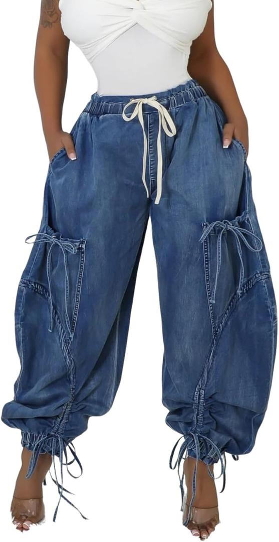 Unybwonn Women Baggy Barrel Jeans High Waisted Y2k Drawstring Bow Tie Cargo Jean Retro Wide Leg Ankle Denim Joggers, Size: X-Large