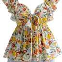 WDIRARA Women's Plus Size Floral Tie Front Babydoll Tops Layered Ruffle Cap Sleeve V Neck Peplum Blouse (XL)