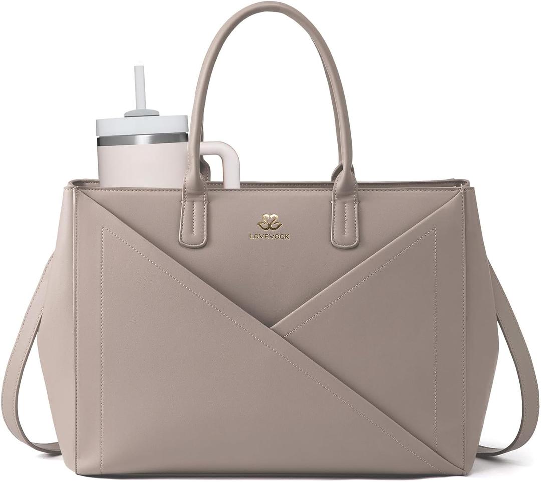 LOVEVOOK Laptop Tote Bag for Women with Large Cup Holder, 16 Inch PU Leather Work Bag Teacher Tote Bag, Waterproof Computer Bags Business Office Briefcase Handbag (Taupe)