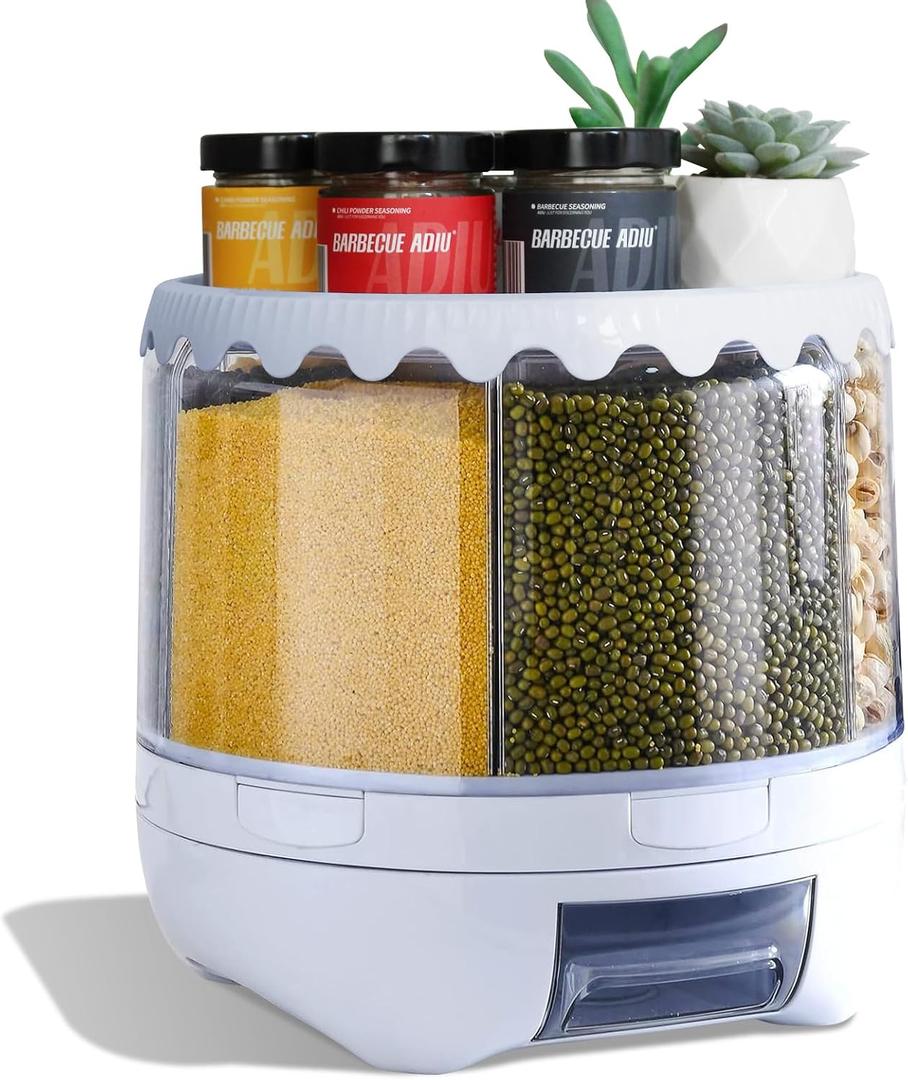 Grain Dispenser, 360 Rotating Storage Container, 6 Grid Food Dispenser with Storage Sealed Lid, Rice Dispenser for Kitchen Grains, Beans, Rice