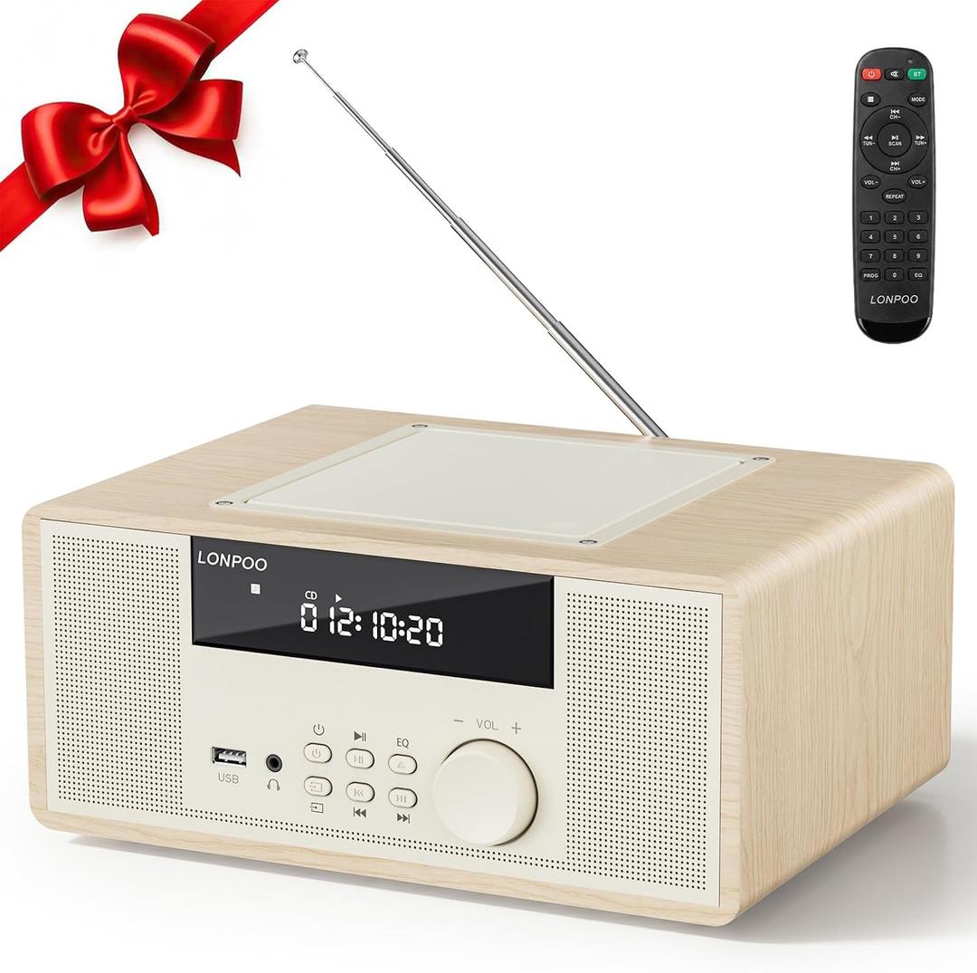 LONPOO 30W Compact Stereo System Bluetooth CD Players for Home | With FM Radio, Remote Control, USB/AUX Inputs, Headphone Jack, and DSP Crisp Sound for Living Room, Bedroom