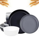 EI 12pcs Wheat Straw Plates,Wheat Straw Dinnerware Set,Plate and Bowls Sets,Plastic Plates Reusable-White,Black,Grey,Dark Grey,Dinner Plate Set of 4 Kitchen,Picnic