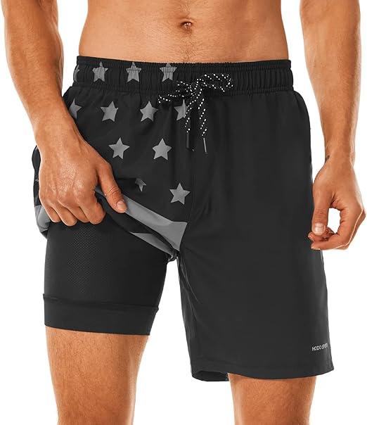 HODOSPORTS Mens Swimsuit Trunks 7" Quick-Dry Swim Shorts with Compression Liner and Zipper Pockets (Large,04 - American Flag