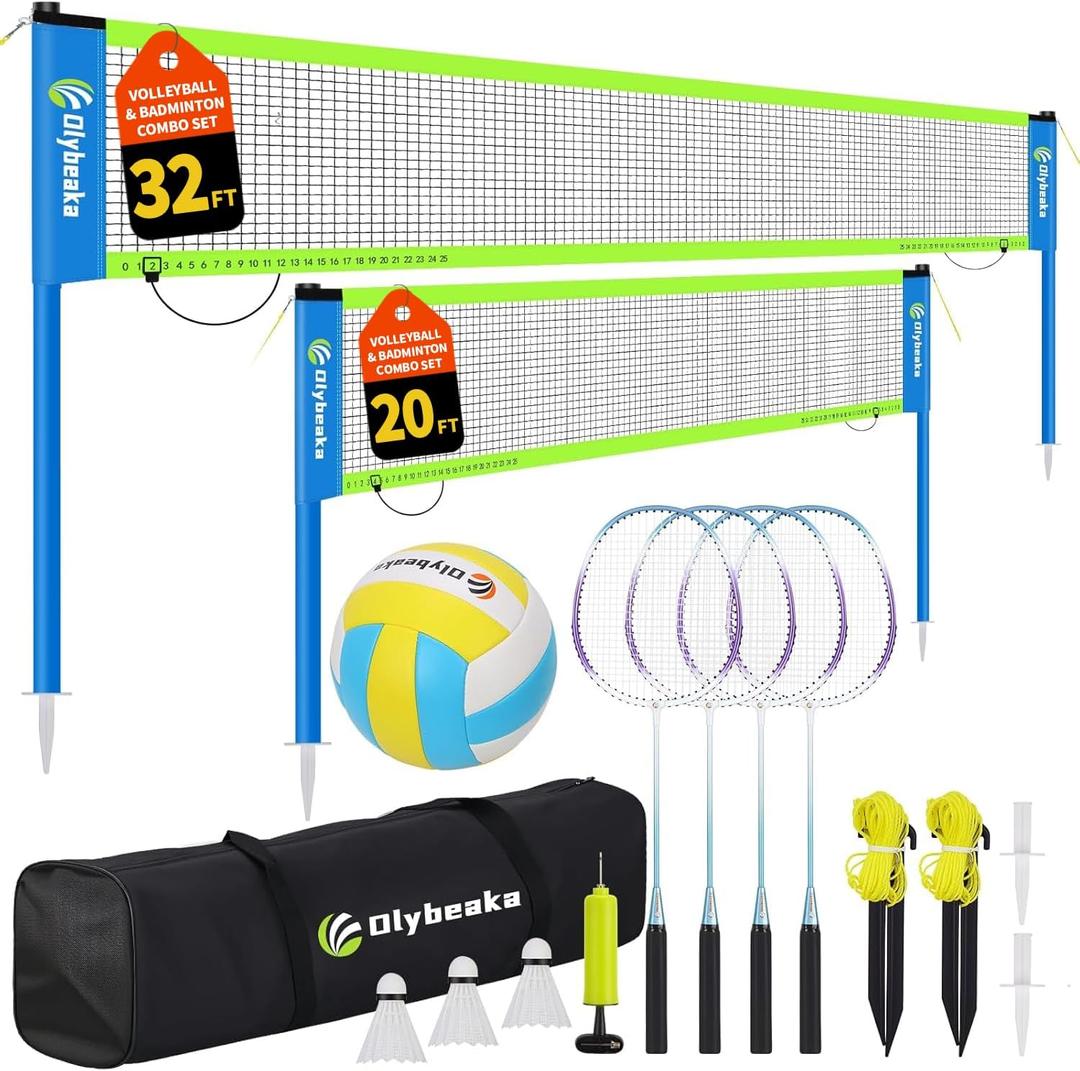 Outdoor Volleyball & Badminton Combo Net Set for Backyard, Beach with 2 Nets, Adjustable Poles, 4 Aluminum Rackets, PU Volleyball, Portable Carry Bag, 30ft×3ft, 20ft×2.5ft