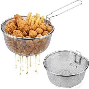 18/8 Food-Grade Deep Fryer Basket - Pasta & Frying Basket - Detachable Handle | Diamond Grid | Locking Clip | Oil Strainer for Pot & Produce Cleaning, 8.3 inch + Silicone Oil Bottle Brush with Lid and Air Fryer Pad Paper