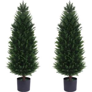 3FT Artificial Cedar Topiary Trees, Set of 2 Tall Faux Tree Potted Plants with Trunk 36in Fake Cypress Tree for Indoor Outdoor Front Porch Garden Decor (Detachable)
